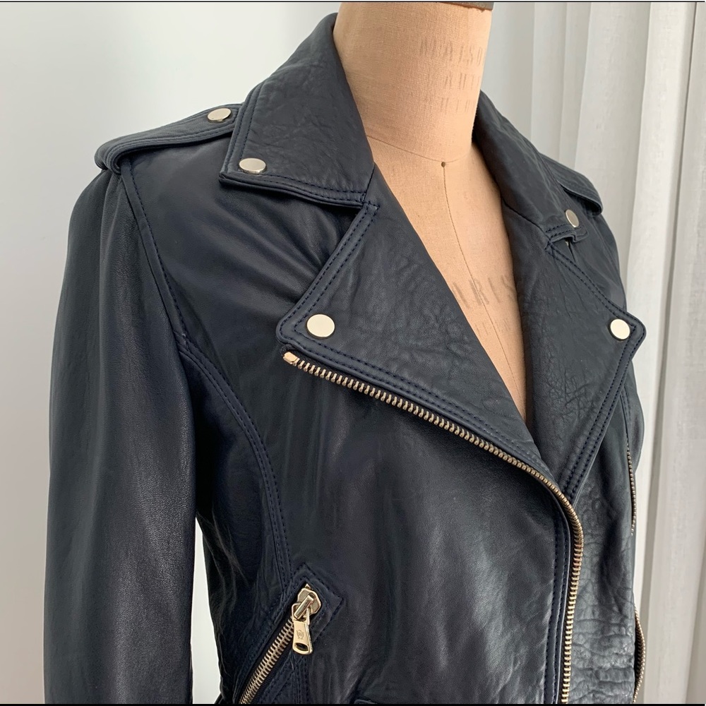 Massimo Dutti Navy Blue Leather Jacket